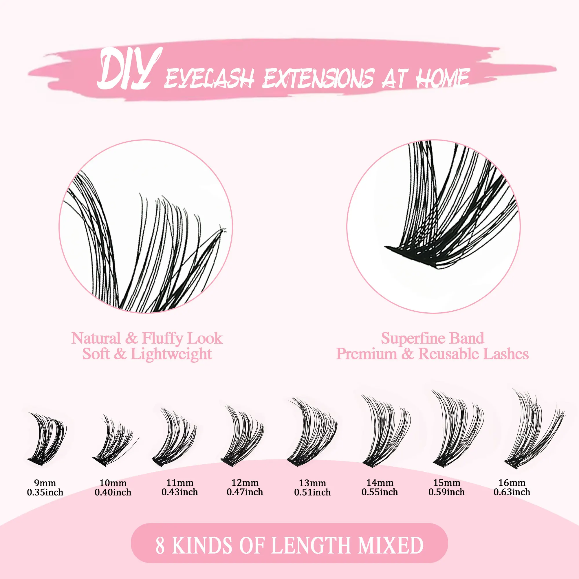 200 Cluster DIY-Wimpernverlängerungsset, mit 10 ml Kleber/Pinzette, flauschig und natürlichem Katzenaugen-Wimpernverlängerungsset, Länge 9–16 mm