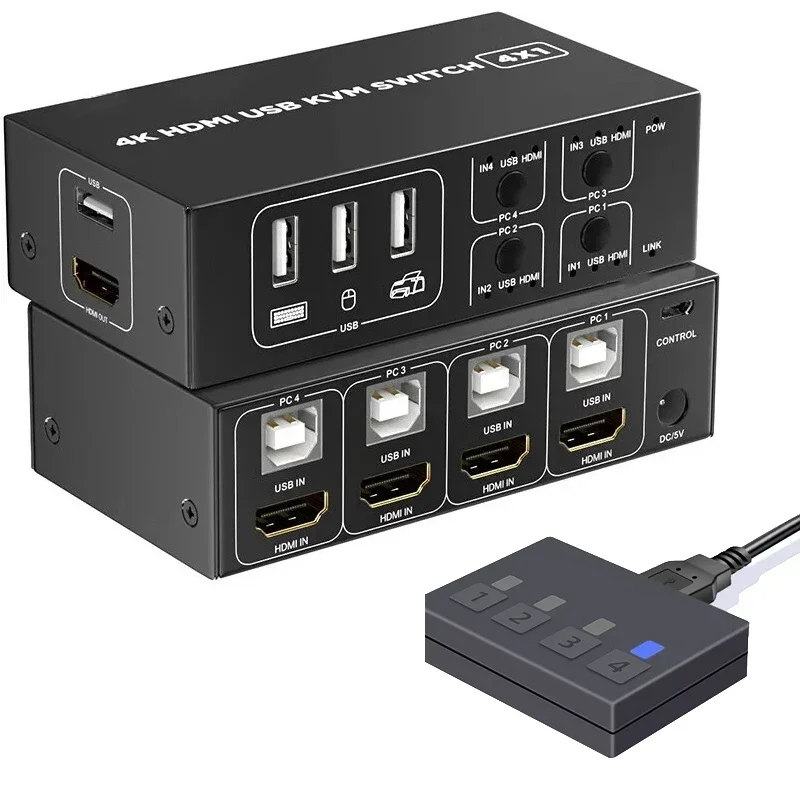 

4 Port HDMI KVM Switch 4 in 1 out 4K 60Hz HDMI USB Switch Selector with Desktop Controller for 4 PC Share Monitor Mouse Keyboard