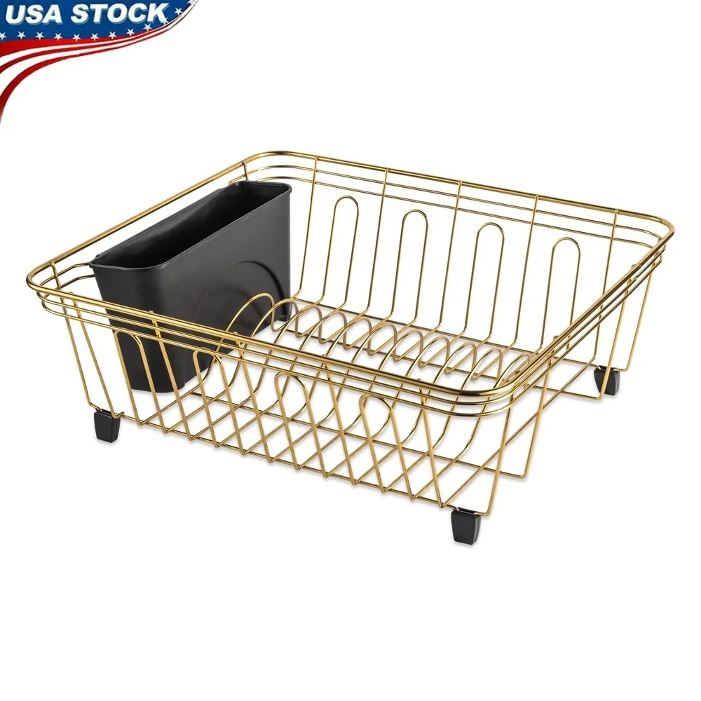 Gold Stainless Steel Dish Rack with Utensil Caddy Modern Kitchen Storage Solution Plates Bowls Drying