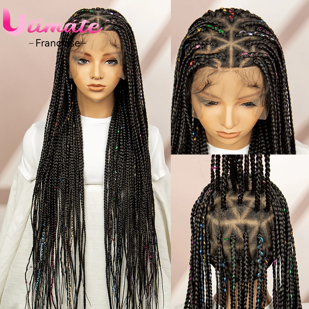 36 Inches Full Lace Synthetic Briaded Wigs for Black Women Knotless Braiding Hair Wigs with Ribbons Baby Hair Braids Wigs