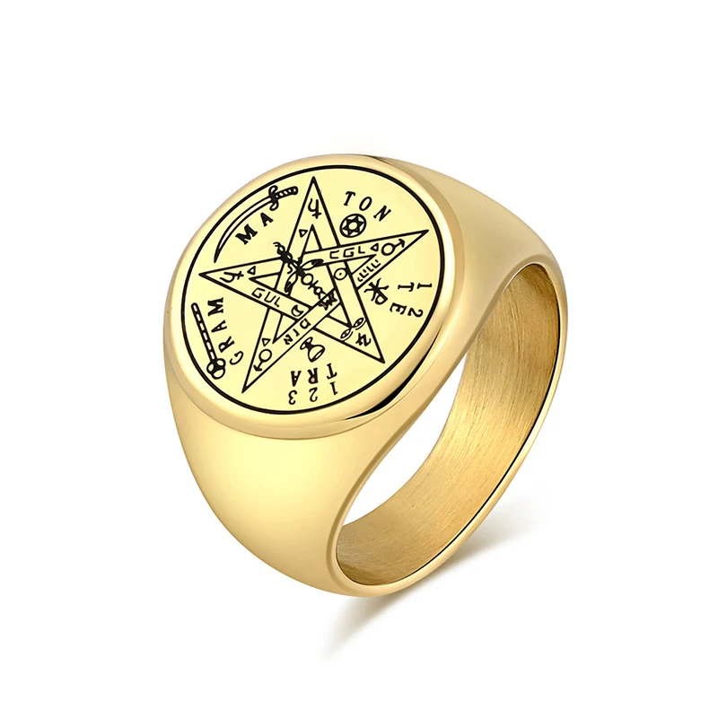 Punk Rock Titanium Steel Hebrew Pentagram Rings for Men Retro Jewelry Black Gold Silver Color Drop Shipping Size 7-13