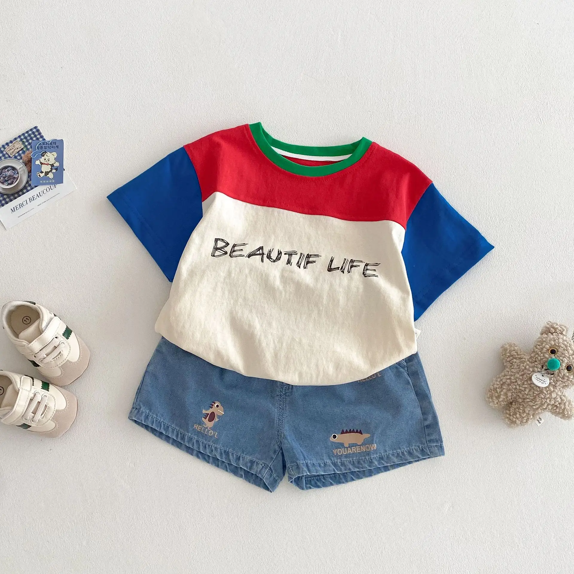 T-shirt 2025 new summer boys' fashionable base shirt thin baby Korean version color blocked short sleeved top