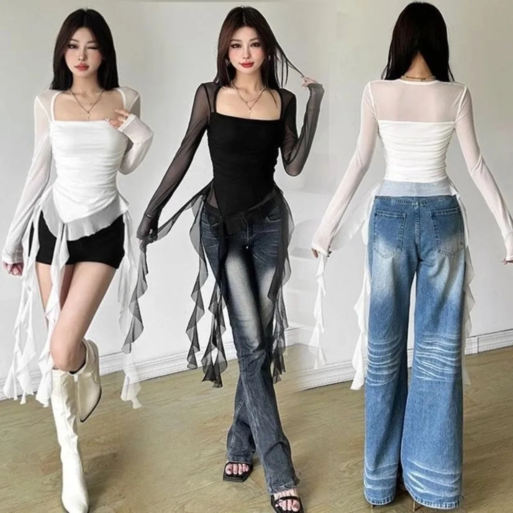 

Streetwear Jellyfish Mesh Belt T-Shirt Elf Long Sleeve Pleated Collar Slim Fit Crop Tops Korean Y2K Ins Irregular
