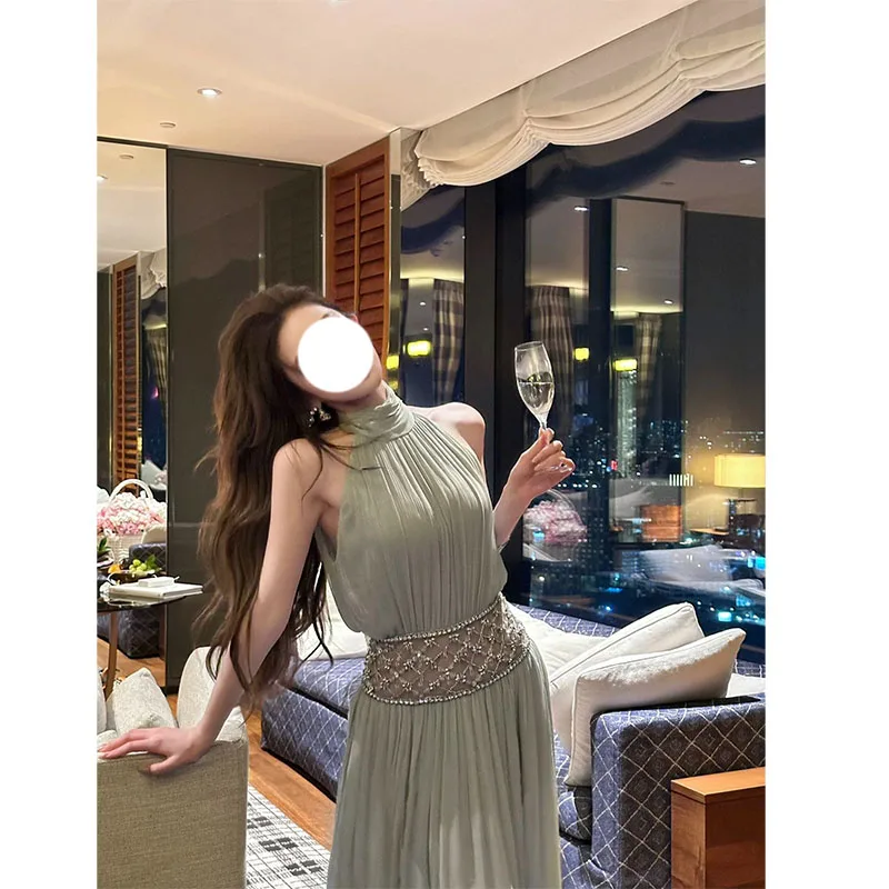 

Blue Lace Gown with Diamond Embellishments Sexy Waist-Cinching Long Dress for Birthday Party Heavy Work Neck Hanging Dress