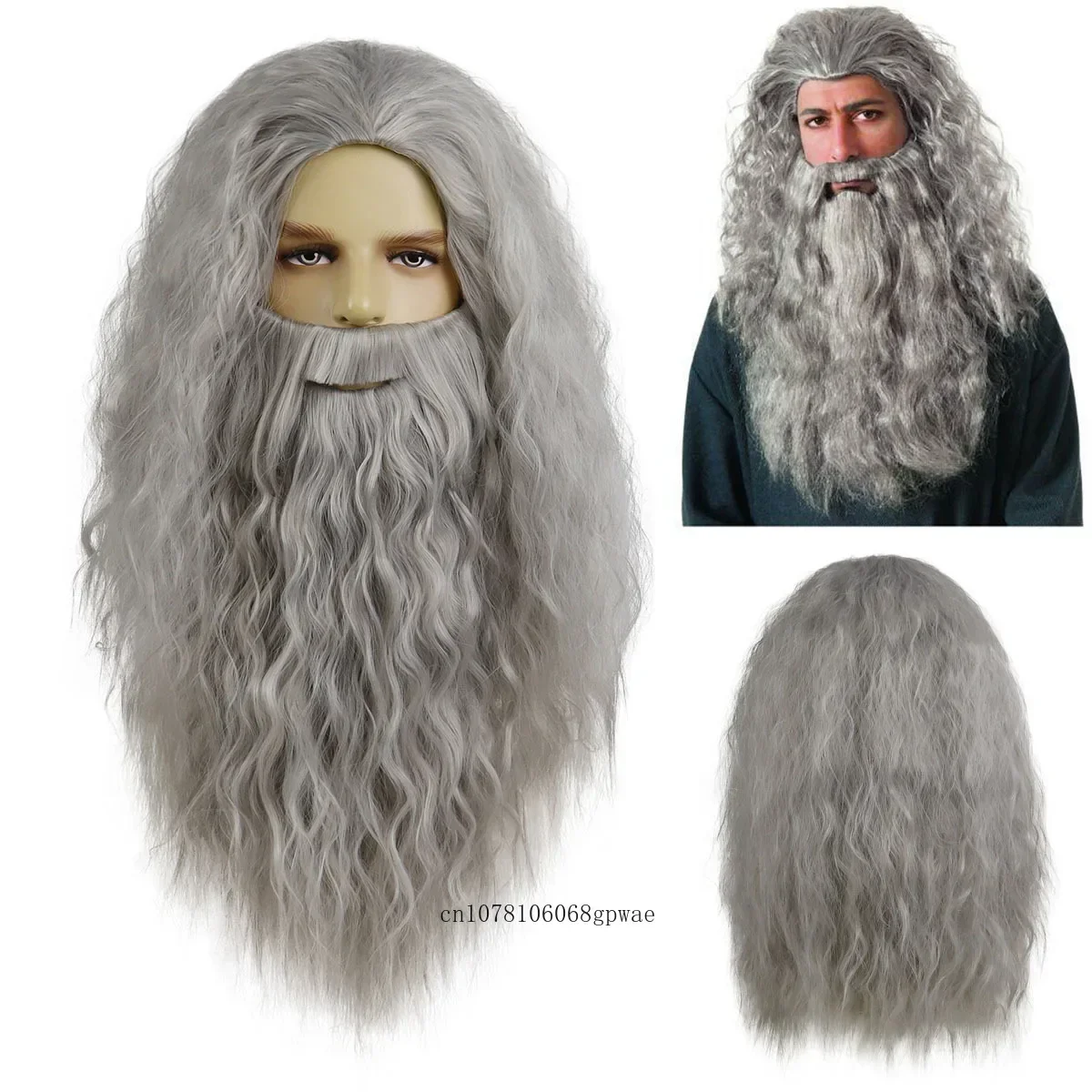 Peruca sintética de cabelo encaracolado longo para homens, Anime filme Cosplay perucas, Gandalf, Mithrandir, resistente ao calor, barba