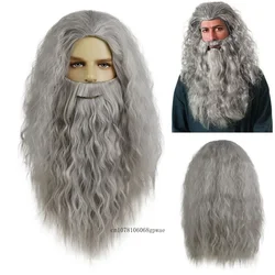 Synthetic Long Curly Wave Hair Wig for Men Male Anime Movie Cosplay Wigs Gandalf Mithrandir Grey Wig with Beard Heat Resistant