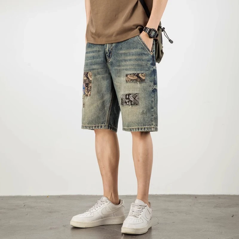 

2026 Men American High Street Patchwork Embroidered Denim Shorts Male Summer Vintage Straight Jeans Daily Casual Versatile Pants