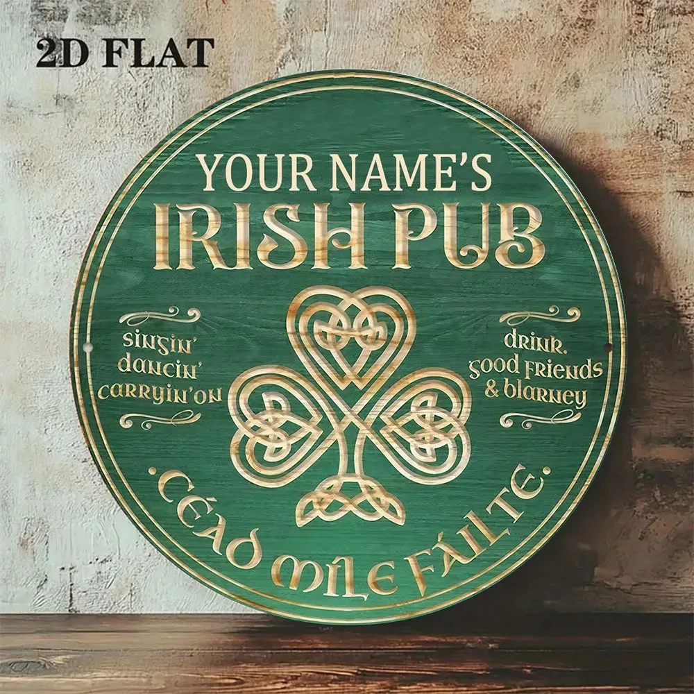 CIFbuy Round Irish Pub Metal Plaque,Personalized Custom Name Celtic Knot Shamrock Wall Ornament (Only For Decoration)