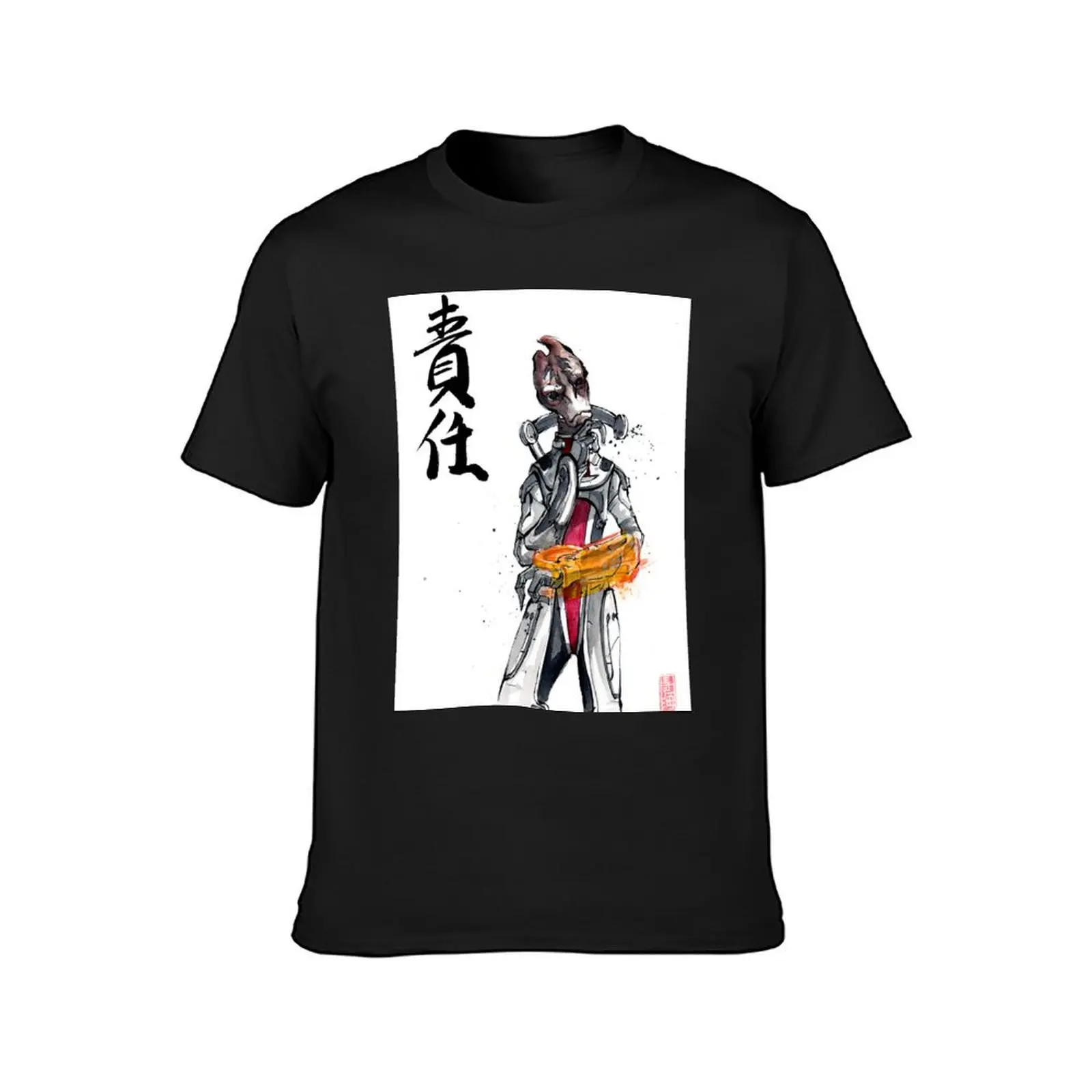 Mordin from Mass Effect Sumie Style with calligraphy Responsibility T-Shirt anime blanks black t-shirts for men