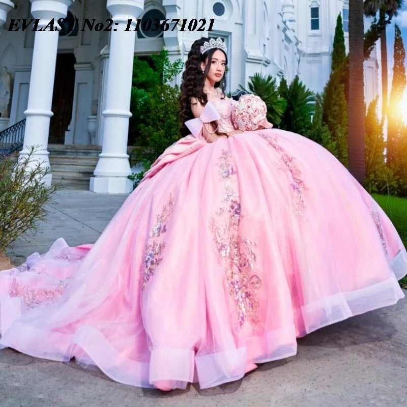 

EVLAST блестящее розовое платье Quinceanera по индивидуальному заказу, бальное платье с блестками и цветочной аппликацией, расшитое бисером, Sweet 16, Vestidos 15 Anos E2QA166
