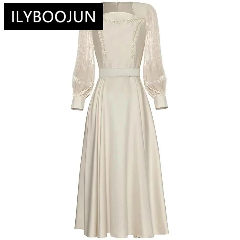 

ILYBOOJUN Fashion Women's Square-Neck Lantern Long-Sleeved Sequin Nail Beads Lace-Up High-Waisted Ball Gown Office Lady Dress