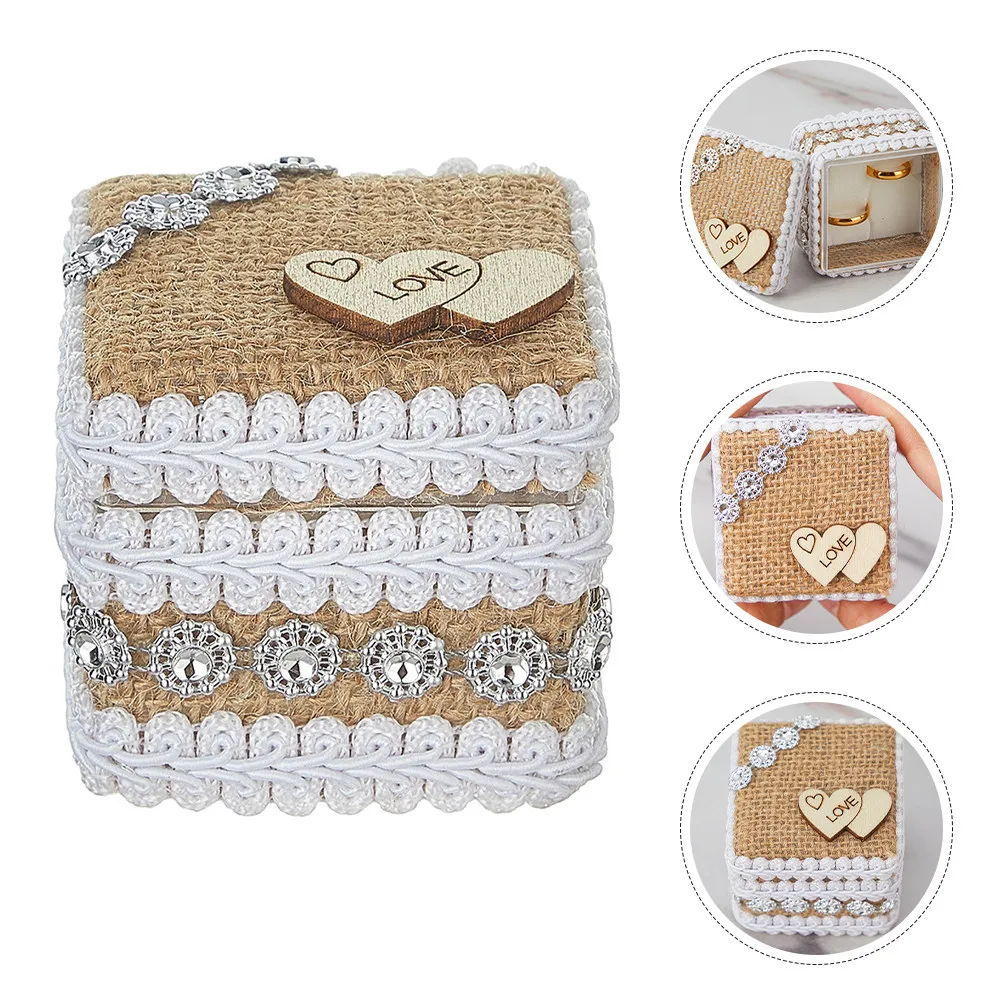Rustic Ring Box Small Jute Twine Double Heart Wedding Engagement Proposal Ceremony Ring Holder Elegant Gift Bridal Shower Rings