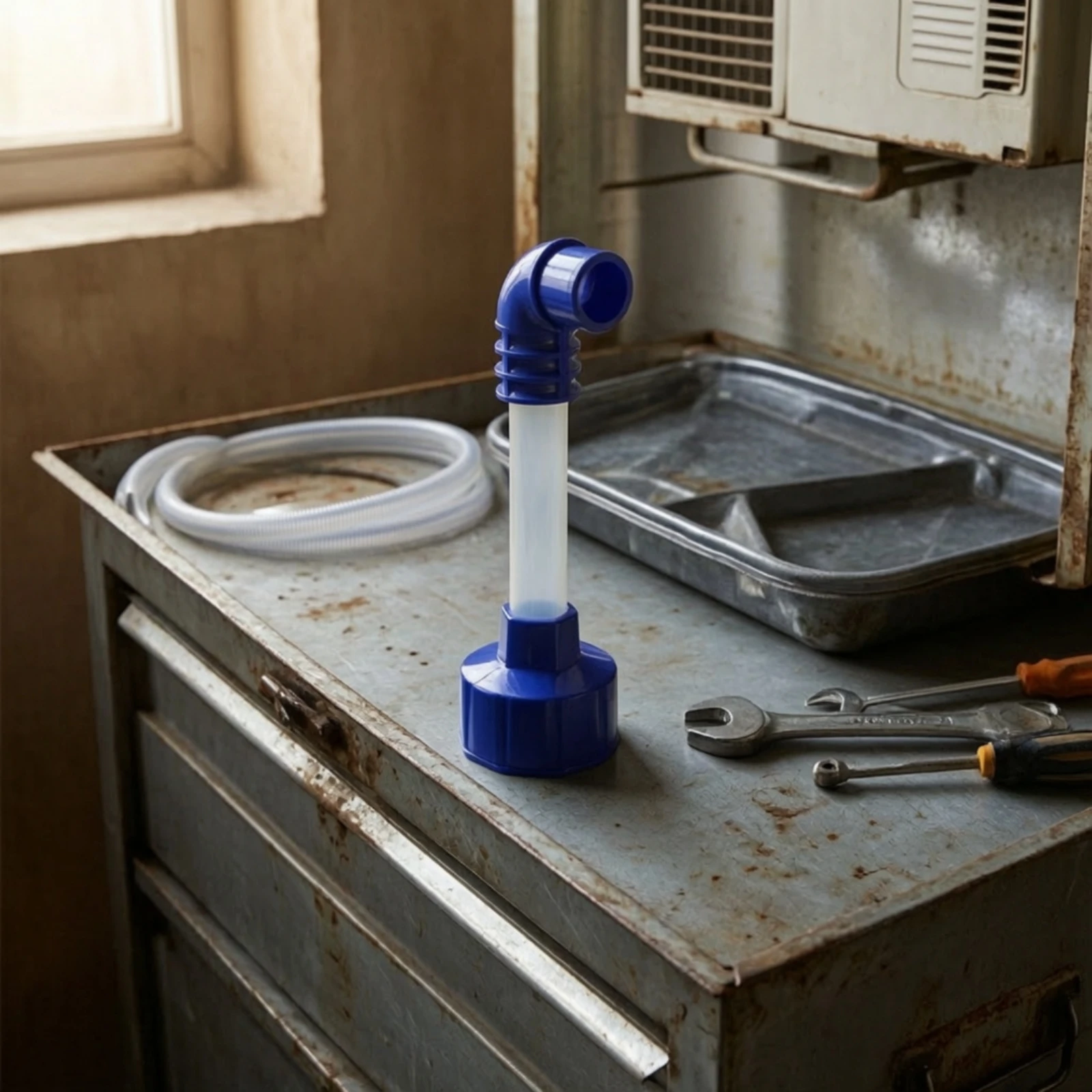 A/C Drain Line Attachment with Clear Tube Angled Air Conditioning Drain Line Unclogger Vacuum Hose Adapter with Elbow