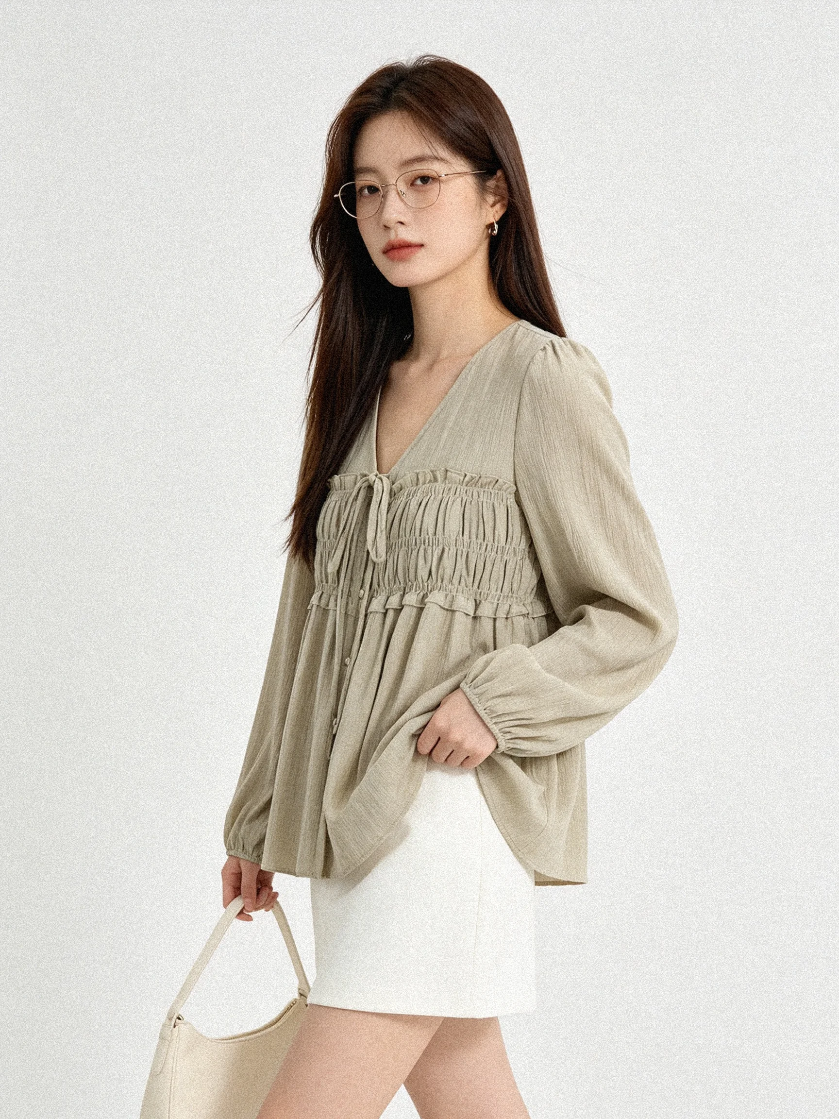 Elegant Long Sleeve Women's Shirt Loose Fit Gathered Wooden  Feminine Style Korean Fashion Breathable Skin-friendly Casua...