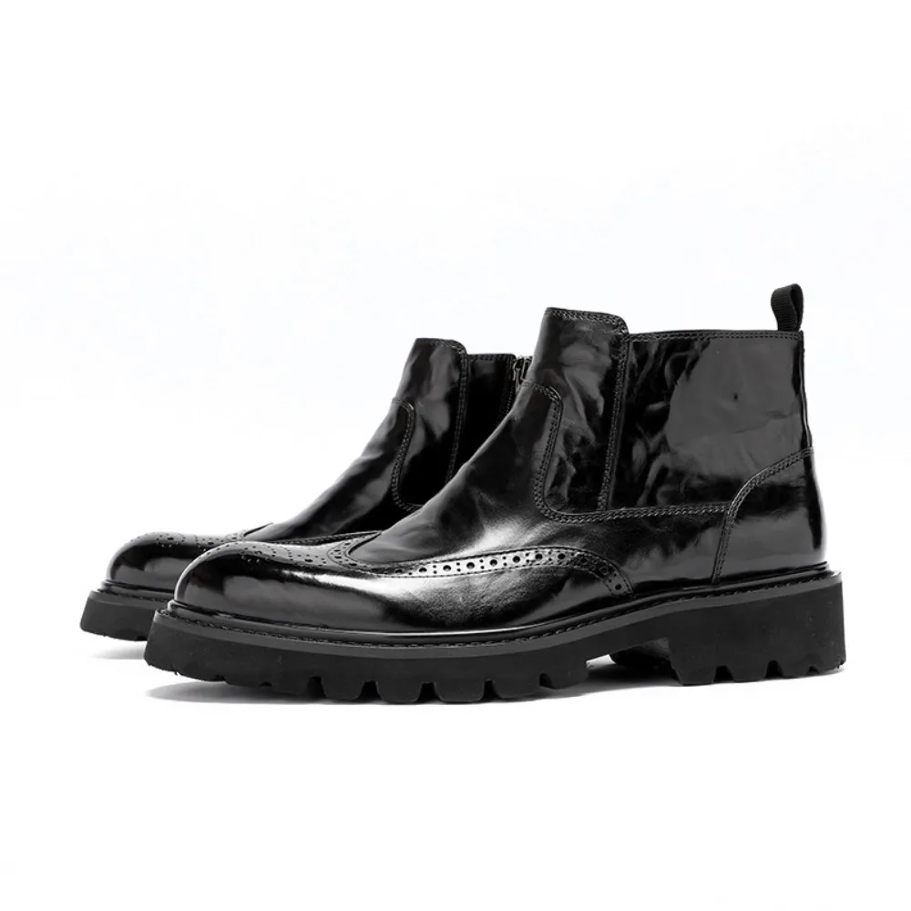 Premium Mens Hand Grained Calfskin Leather Boots Brogue Short Ankle Boots British Style Versatile for Men