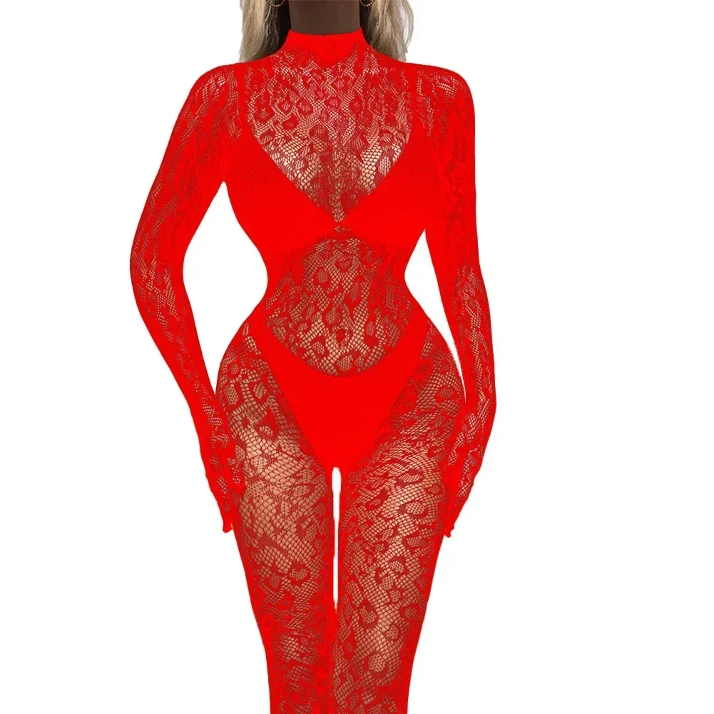 ​lingerie Women Body Transparent Bodysuit Stocking Solid Color Fishnet Mesh Long Sleeve Turtleneck Jumpsuit Tights Bodysuits