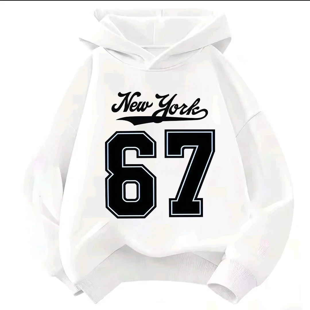 Einfarbiger Kinder-Kapuzenpullover mit New York Cursive & 67 Umrisse-Zahlen-Druck, locker geschnittener Kinder-Hoodie für Jungen und Mädchen im Alter von 2-12 Jahren. – Detail 2