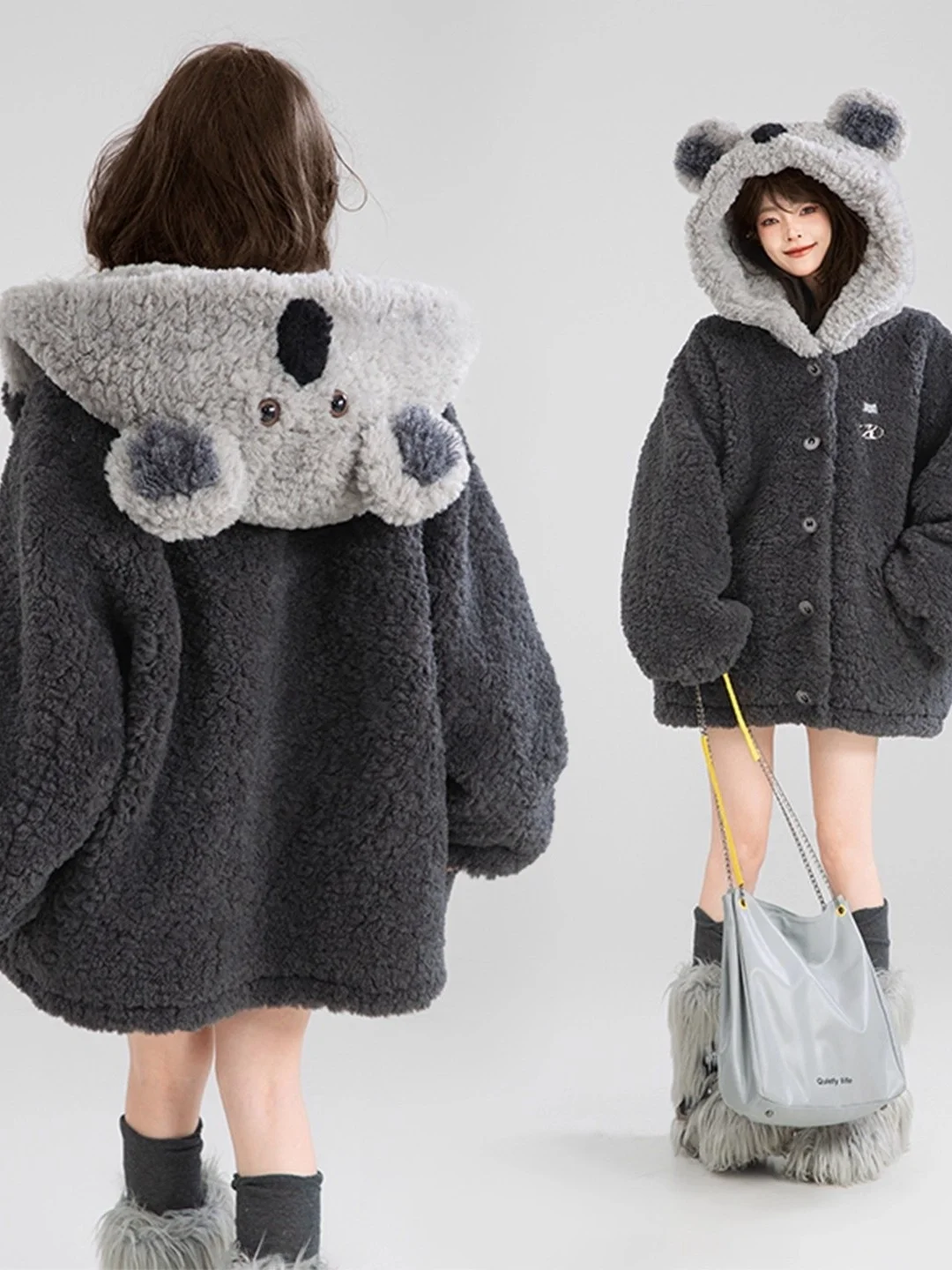 

Large Size 300 Pou Design Sense Hooded Lamb Fur Jaet Autumn Winter Loose Warm Cartoon Plu Cotton Coat Overcoat for Teens