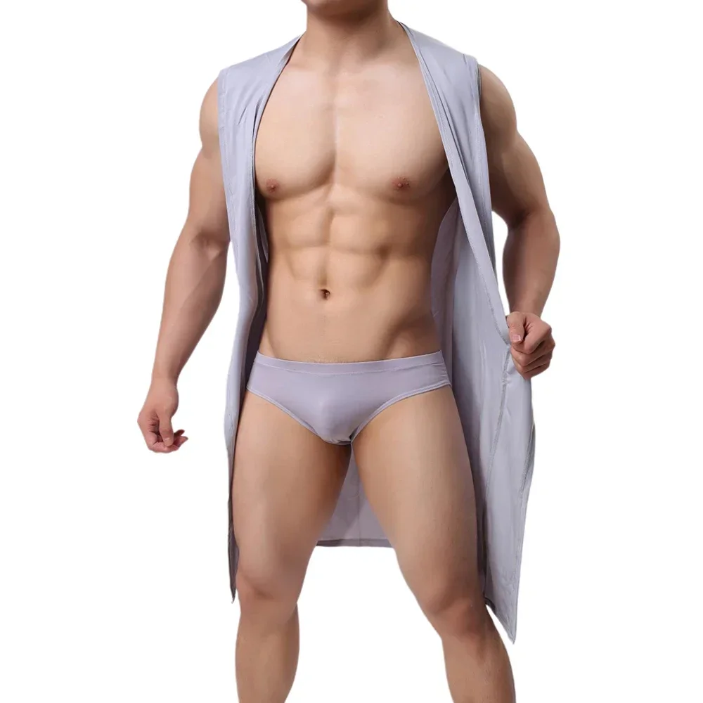 Men's Home Bathrobe Sleeveless Silky Smooth Soft Hooded Sleeping Robe Pajama Comfortable Ultra-thin Lingerie Loose Bathing Suits