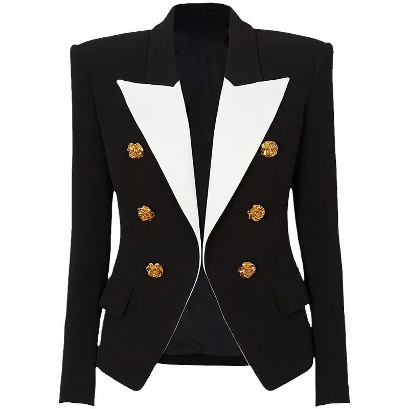 2024 New Blocked Metal Rose Button Slim Black Suit Jacket Festival Outfit Women Party Business Blazer