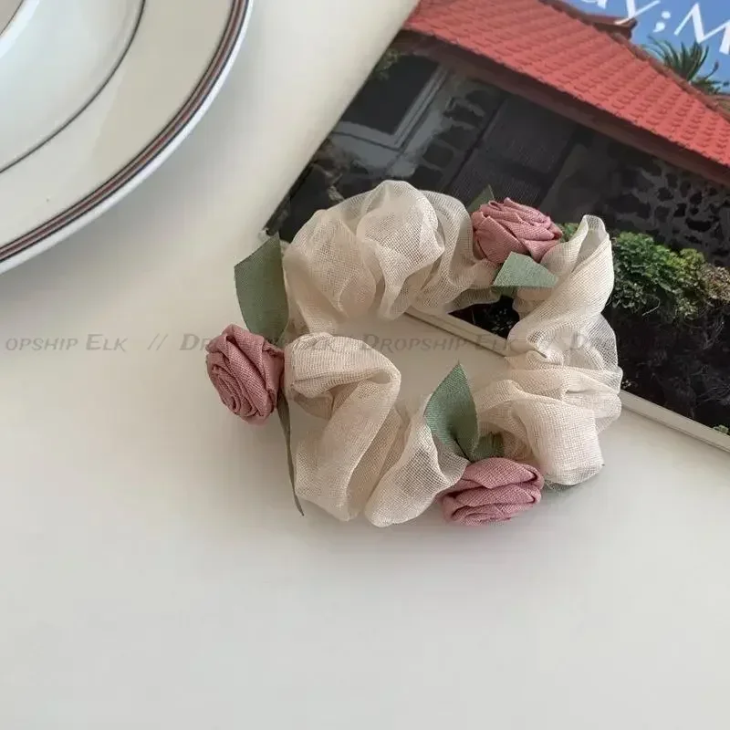 Koreańska moda letni kwiat róży jelito duże gumka do włosów opaska na głowę kobiety siatkowe elastyczne opaski do włosów Scrunchie akcesoria do włosów