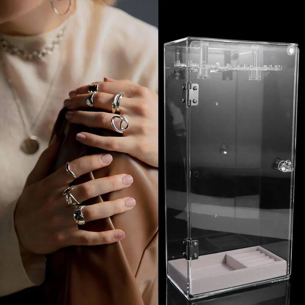 Rotatable Clear Necklace Holder with 24 Hanging Hooks Dustproof Jewelry Organizer Display Case with Beige Velvet Tray
