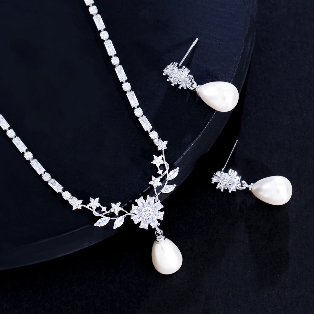 ThreeGraces Shining Cubic Zirconia Silver Color Simulated Pearl Earrings Necklace Fashion Flower CZ Jewelry Set for Women TZ839