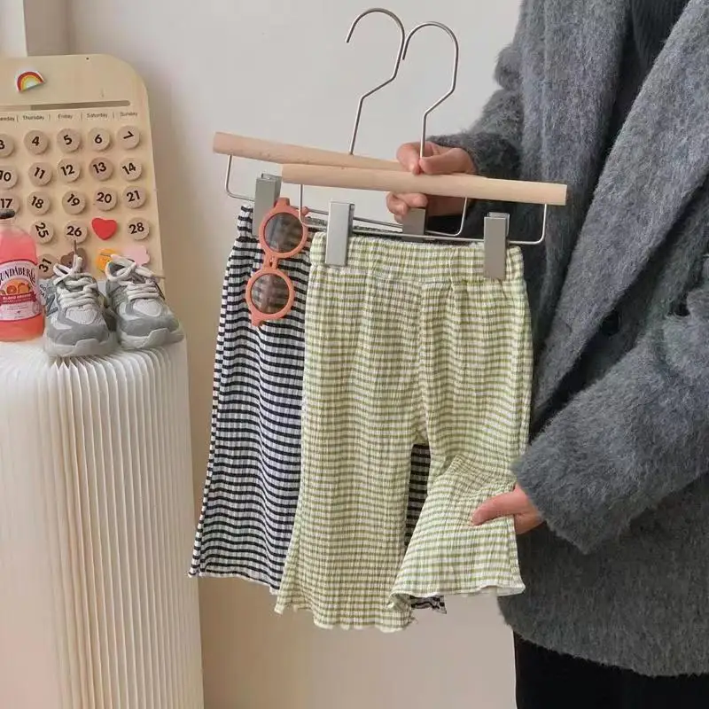 2026 Summer New Children Loose Mosquito Proof Pants Baby Clothes Girls Fashion Plaid Flared Trousers Kids Casual Pants
