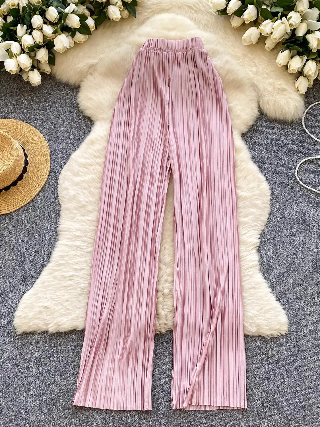 New 2025 Women's Ice Silk Narrow Wide Leg Pants Summer High Waist Drape Loose Straight Casual Floor Length Skirts