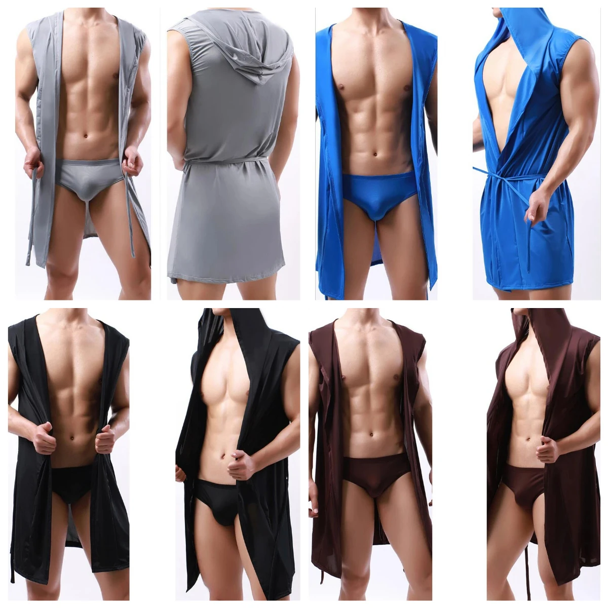 Summer Men's Sexy Sleeveless Pajama Kimono Robe Fashion Loose Casual Hooded Bathrobes Cool Smooth Bath Robe Male Sleep Gown