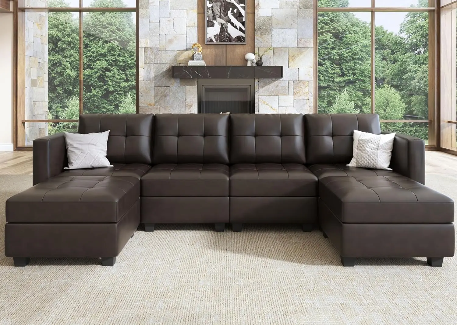 

Modular Sectional Sofa U Shaped Couch with Storage Seats Faux Leather Sectional Sofa with Chaises for Living Room, Office Room