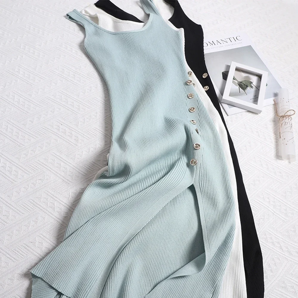 

Women Dress 2025 Summer Sexy Package Hips Buttons Split Long Dress Streetwear Lady Bodycon Tank Dress Party Vestidos