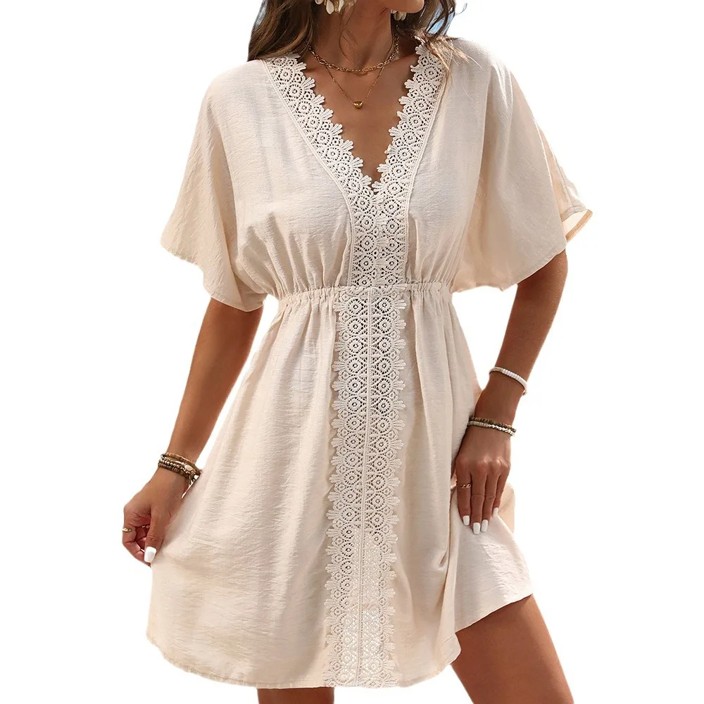 2025 Hot Sale Women's Solid Color Swim Cover Up Sexy Lace Bikini Beach Dress Tunic V Neck Sarong Wrap Summer Ice Silk  Beachwear