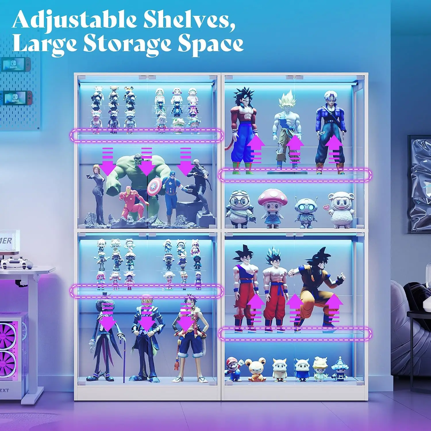 16-Inch RGB Display Cabinet | 70 H x 16 W x 16 D In, 4-Tier Storage, Adjustable Shelves, RGB LED Lights, for Collectibles, White