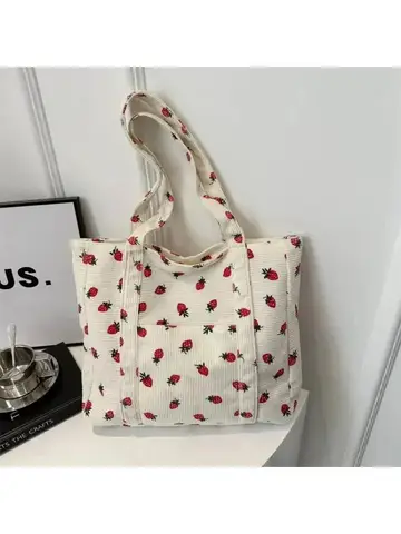 Corduroy Handbag Strawberries Beach Bag Fashionable Versatile Shoulder Bag LargeCapacity Simple Commuter Women's Tote Bag Bolsos