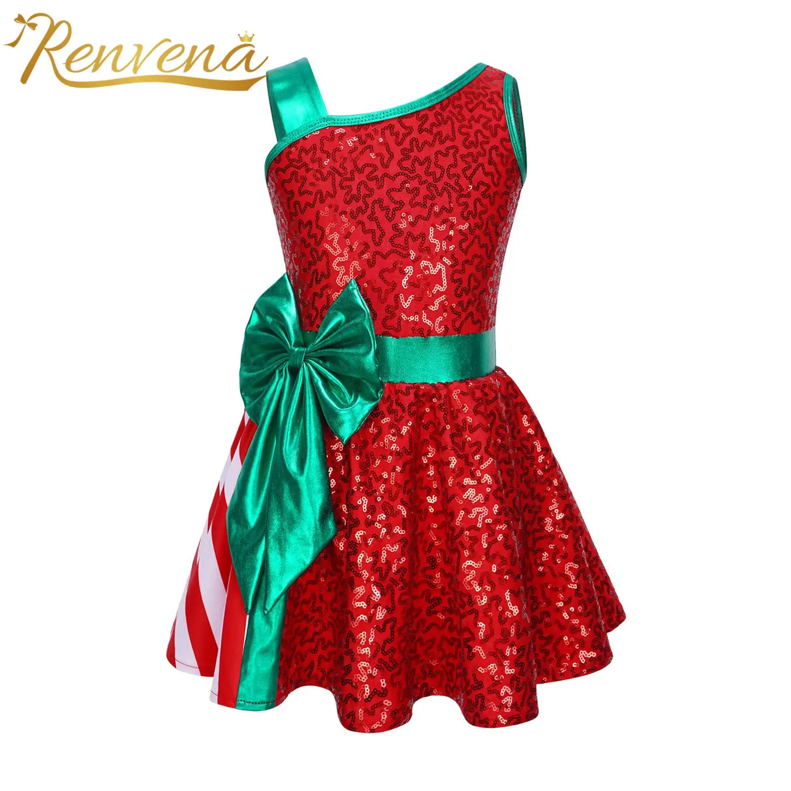 Kids Girls Candy Cane Christmas Dress Shiny Sequins Striped Figure Skating Dress Xmas New Year Santa Performance Dance Costumes