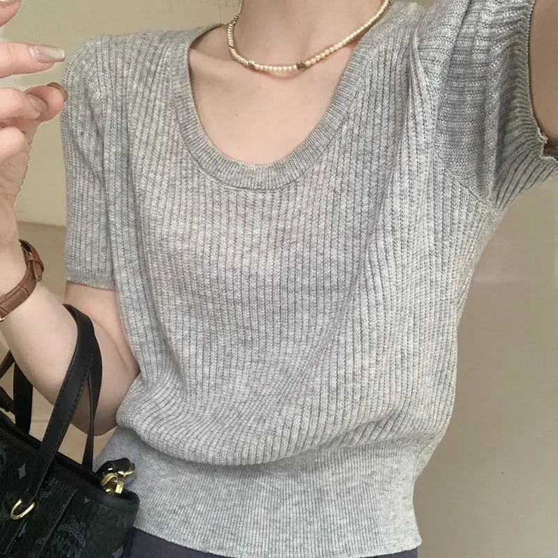 Casual Knitwear Spring Summer Hundreds Solid Aging Short Sleeve Tops Temperament T-shirt Women Lazy Simple Soft