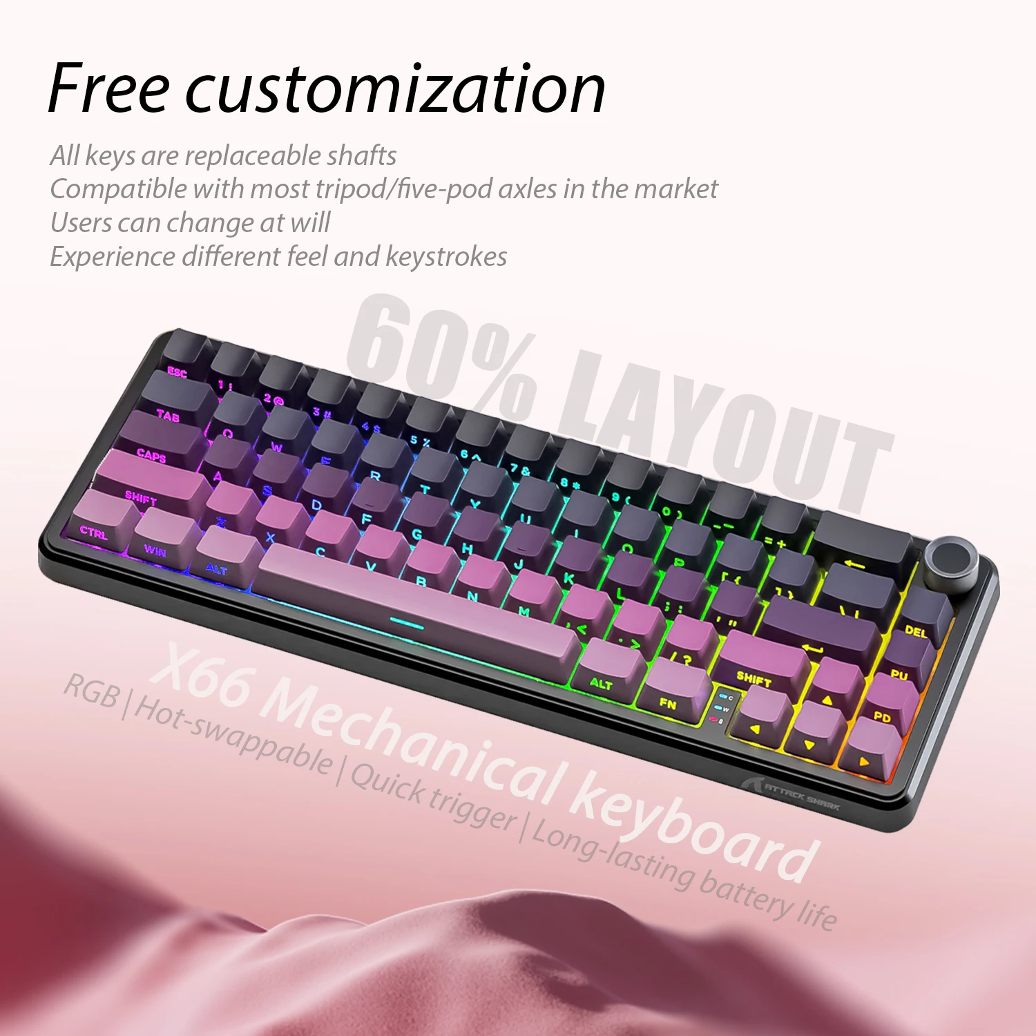

60% Attack Shark X66 Hot-Swap Bluetooth Keyboard Metal Button and Indicator Lights,RGB 66 Keys PBT Keycaps,3000mAh,PC/Laptop
