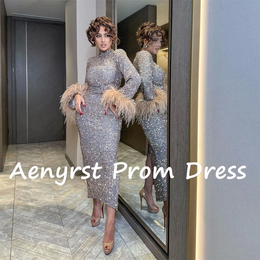 Aenyrst Shiny Sexy Long Sleeves Feathers customzied Evening Dresses Sequined Bodycon Prom Dress Tea Length Formal Party Gowns