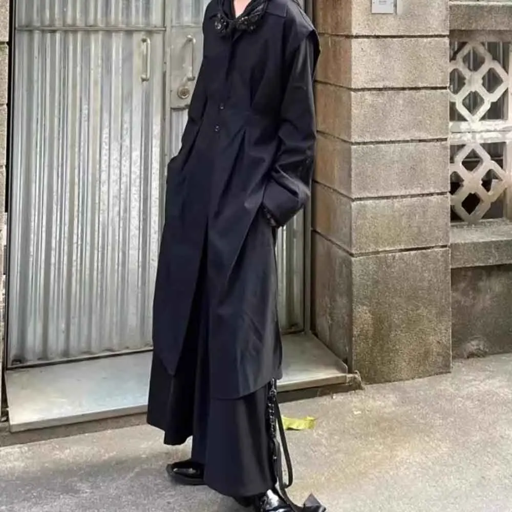 Mens Autumn Dark Mid-Length Shirt Streetwear Fashion Y2k Gothic Double-Layered Samurai Pants Culottes Men'S Clothing 2025 New