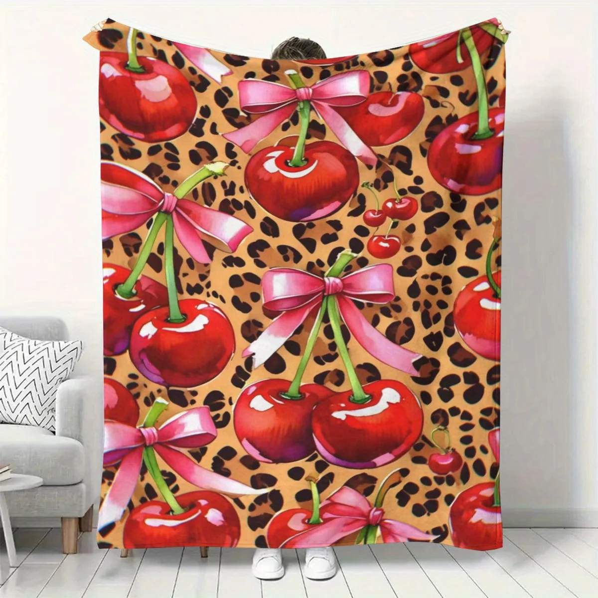 Cute Glossy Cherry With Pink Ribbon Leopard Background Pattern Flannel Blanket Cozy Plush Bedspread Portable Travel Blanket