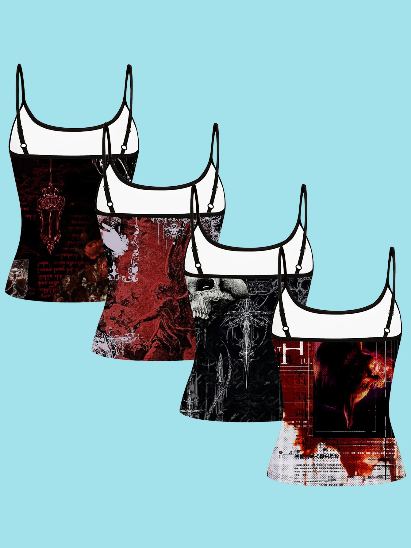 4-Piece Set of Red and Black Vintage Gothic Style Printed Camisoles for Women, Featuring Roses, Crosses, Skulls, and Medieval Manuscripts, Slim-Fit Spaghetti Strap Tops