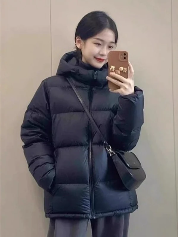 

Bla ort Puffer Jaet Couple Thiened Bread Sle Warm Hooded White Du down Coat Korean Loose Fit Long Sve Zipper