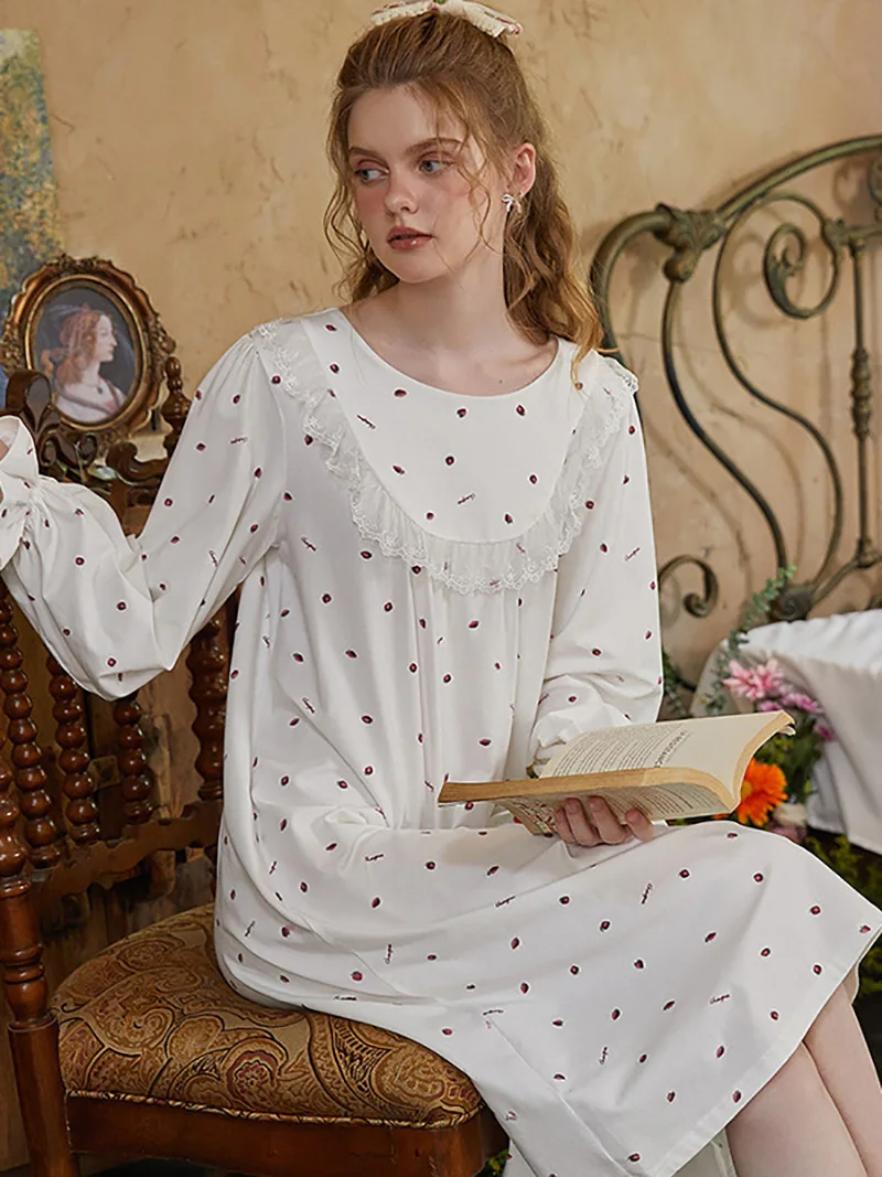 

Women Vintage Princess Pajama Nightdress Print Long Sleeve Loose Autumn Lolita Sweet Girl Cotton Nightgown Sleepwear Nightwear