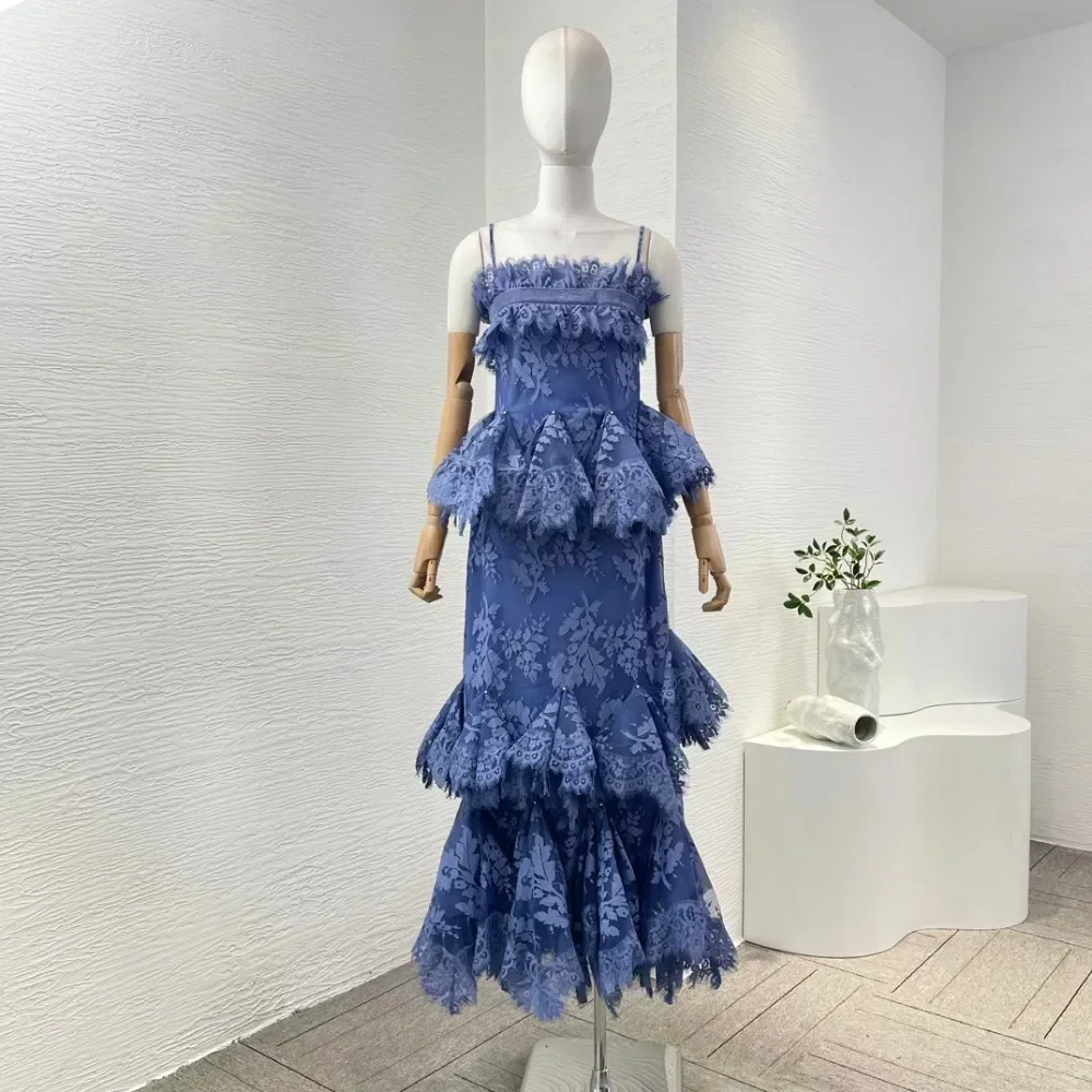 

2024 New Women Blue Lace Patchwork Cascading Sling Sleeveless High Quality Midi Dress for Holiday