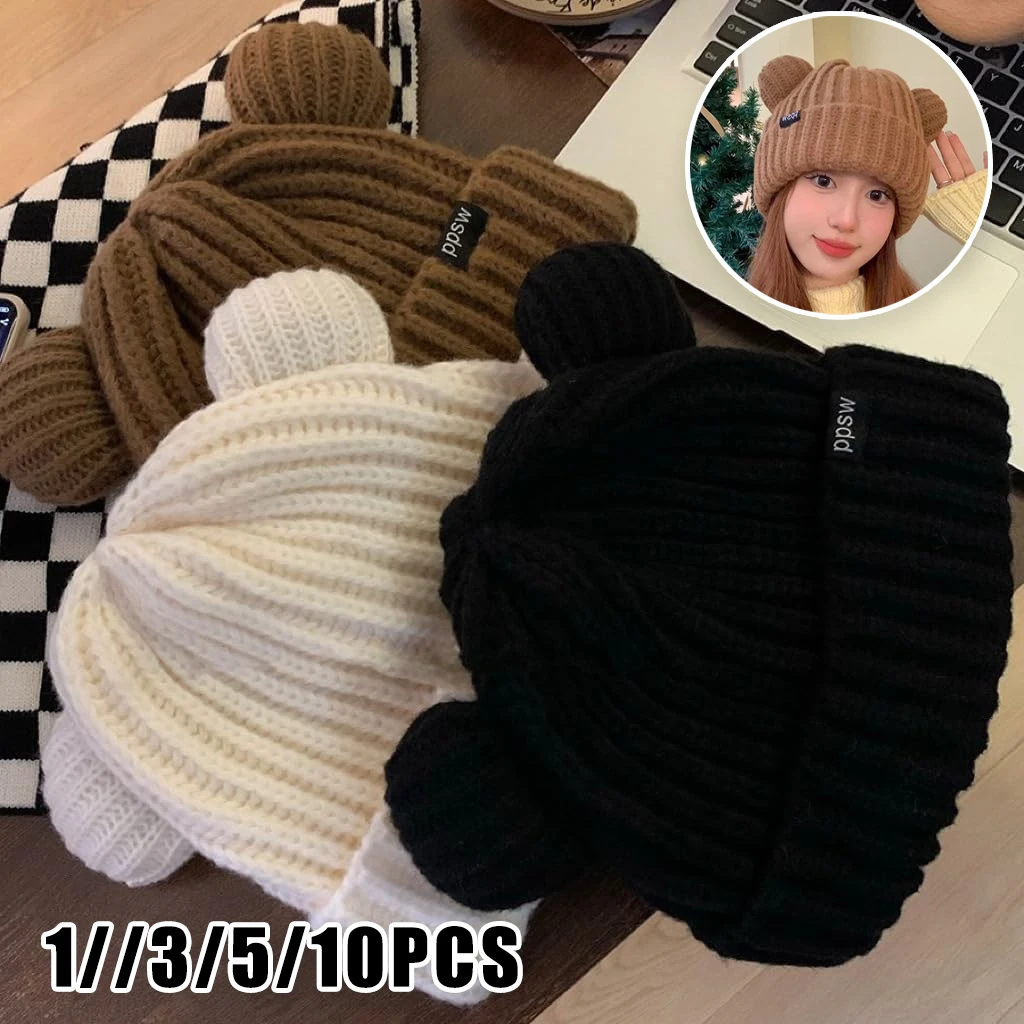 

Women Chunky Bear Ear Knit Hat 2025 Korean Loose Slouchy Winter Cap Faux Fur Ears Thermal Ear Flap Beanie