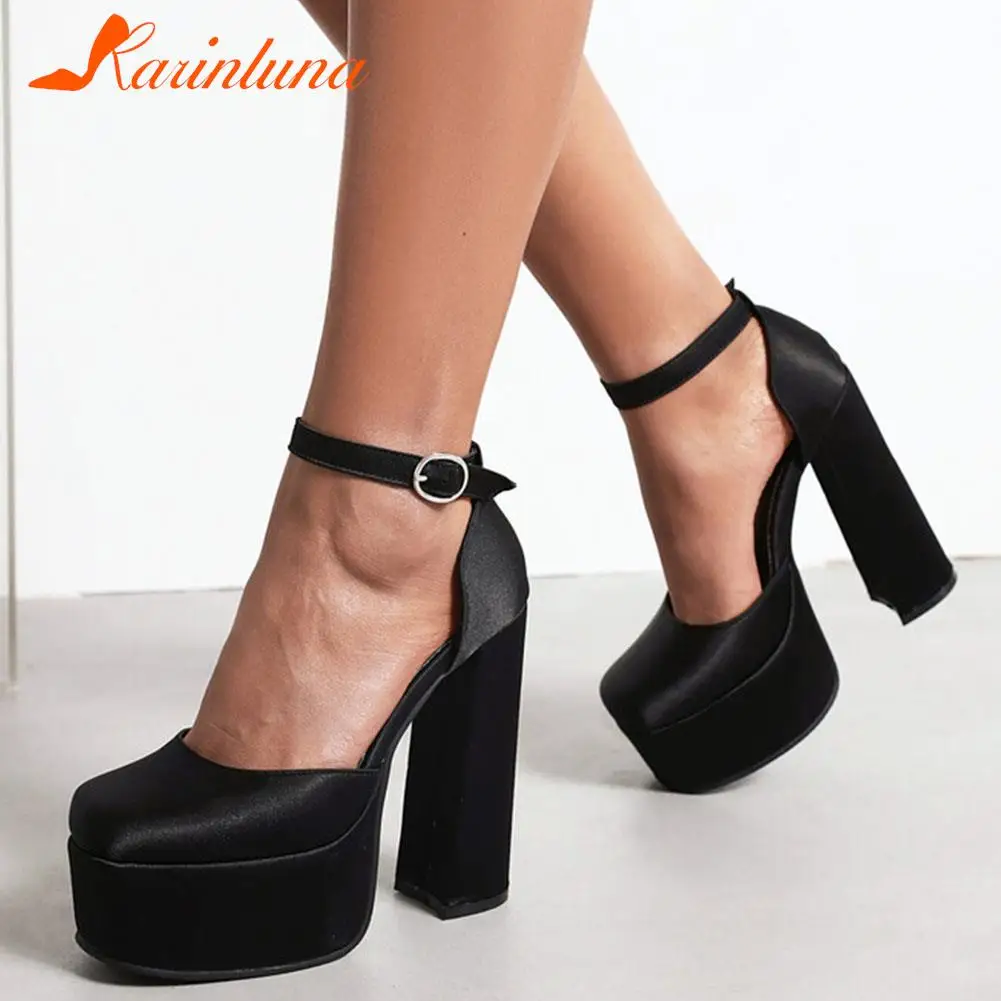 Platform Chunky Heeled Satin Ankle Strap Pumps 2023 Spring Summer High Heel Wedding Shoes Walking Comfy Women Sandal Big Size 43