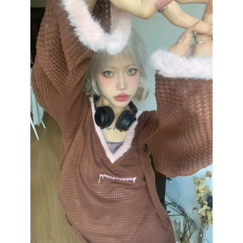 Genayooa Vintage Hoody Women Casual Loose Patchwork Y2k 2000s Japanese Sweatshirt Fairycore Pullovers Streetwear Autumn Winter