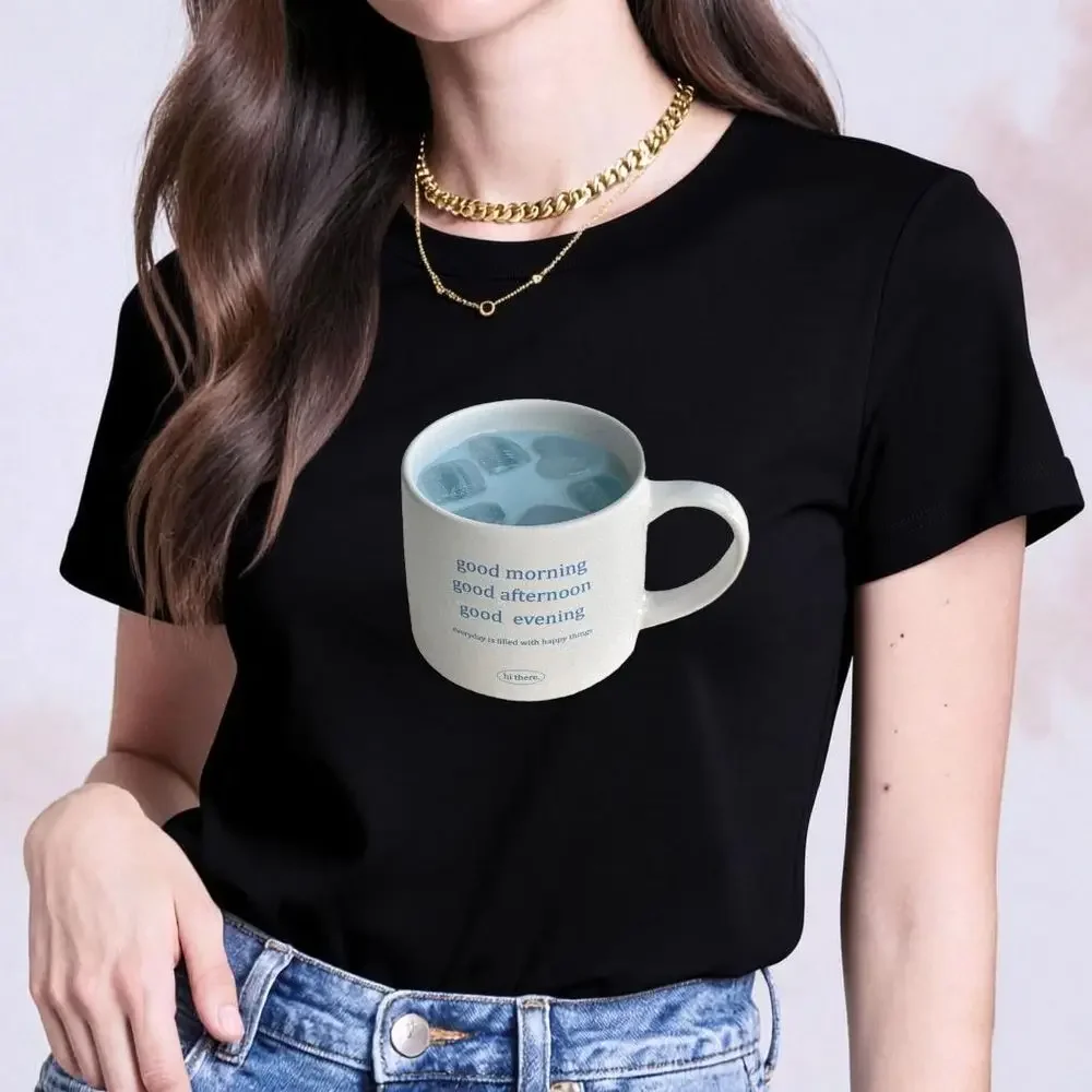 Good Morning Good Afternoon Good Evening Mug Print T-Shirt White Minimalist Aesthetics Women Summer Casual Tops Y2k Vintage Tops