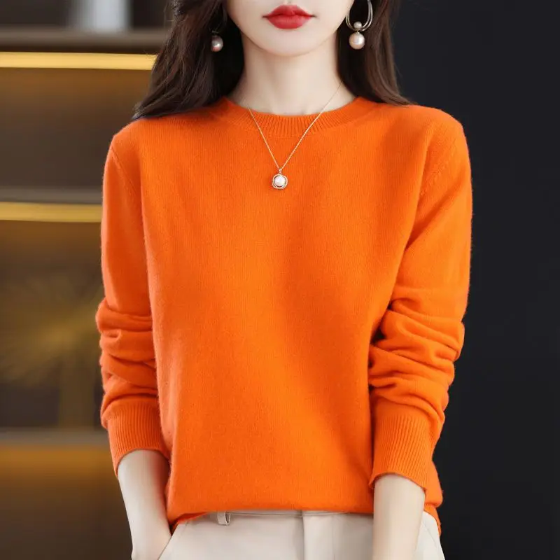 

Fine Imitation Sweater Women Short Spring Round Neck Sweater New Pullover Thickened Loose Bottoming Shirt Knit Long Sleeve Top